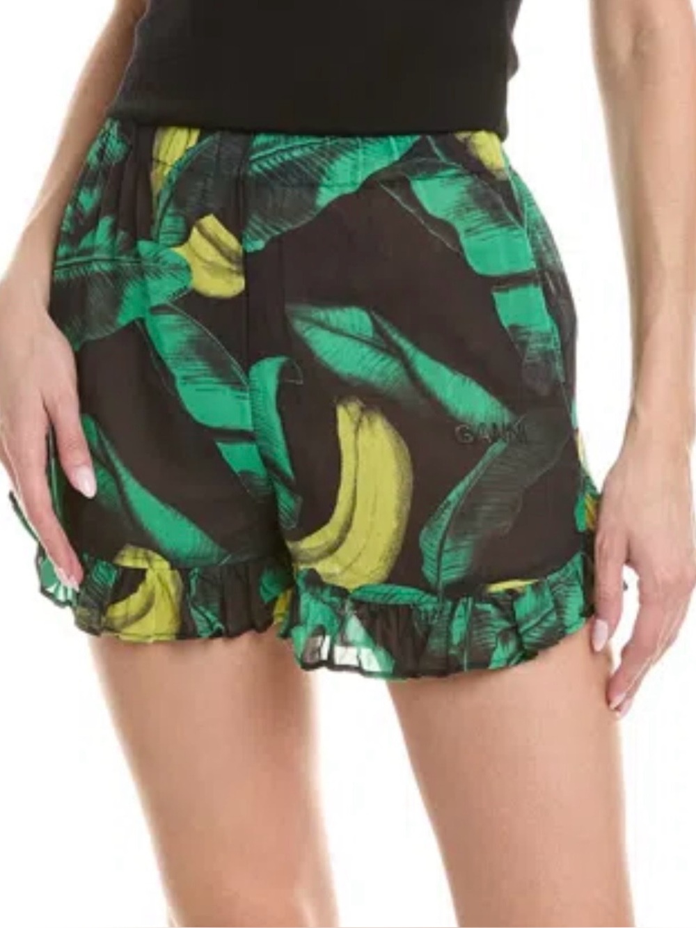 Ganni Ruffle Voile Shorts Tropical Women's S Banana Tree Print